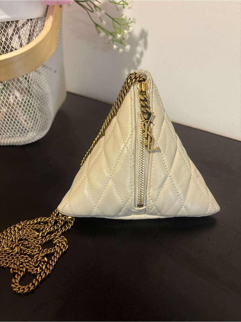 Yves Saint Laurent Cream Quilted Pyramid Mini Bag with Gold Chain